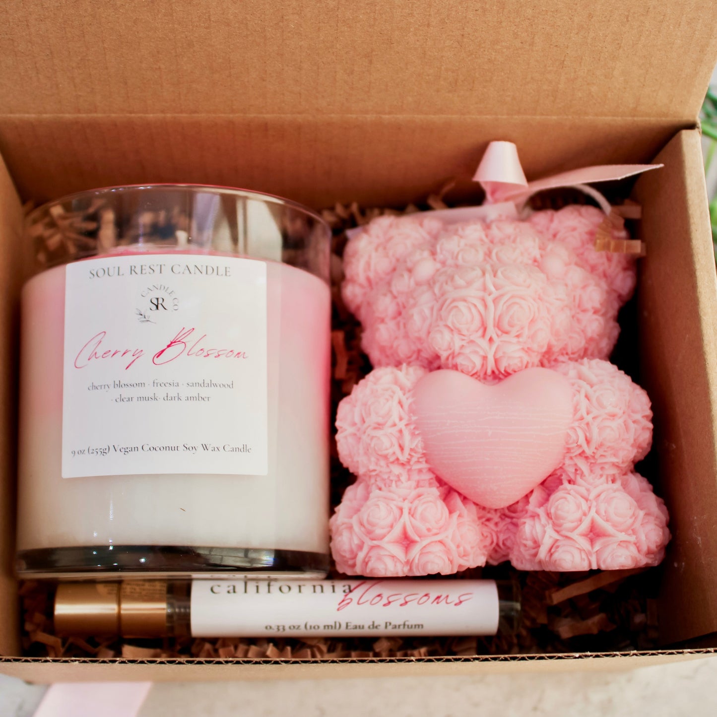 Pink Cherry Blossom Candle 9oz, Teddy Bear and Parfum Gift Set