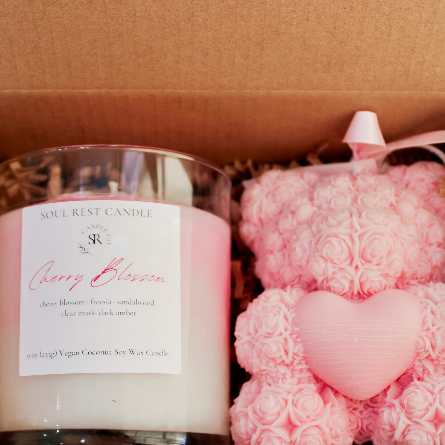 Pink Cherry Blossom Candle 9oz & Teddy Bear Gift Set