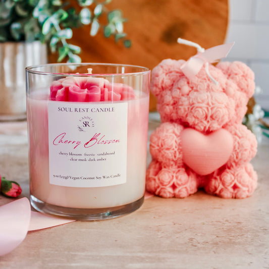 Pink Cherry Blossom Candle 9oz & Teddy Bear Gift Set