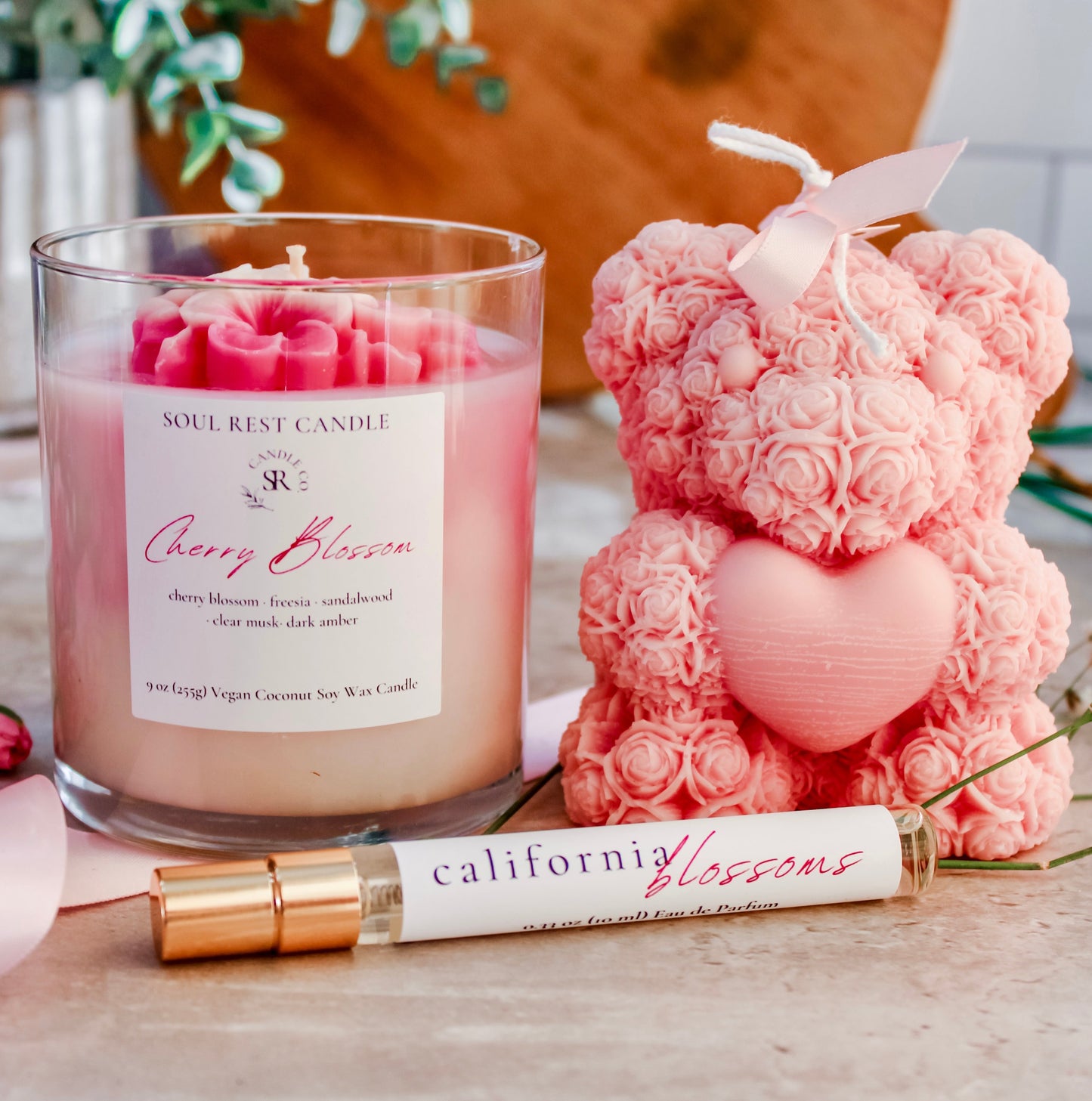 Pink Cherry Blossom Candle 9oz, Teddy Bear and Parfum Gift Set