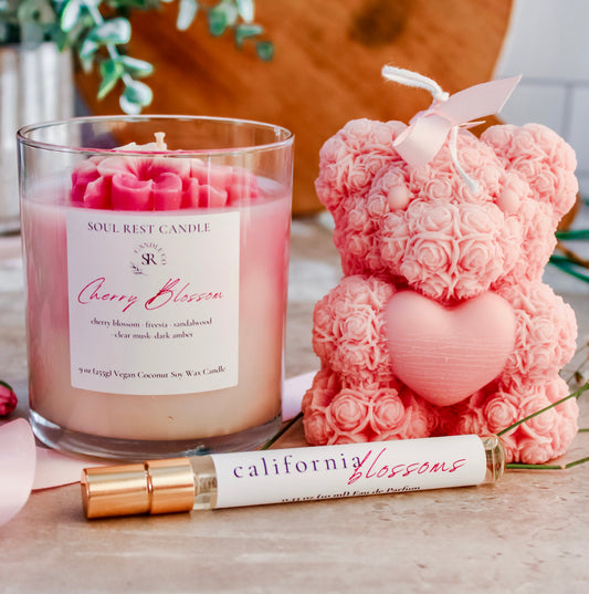 Pink Cherry Blossom Candle 9oz, Teddy Bear and Parfum Gift Set