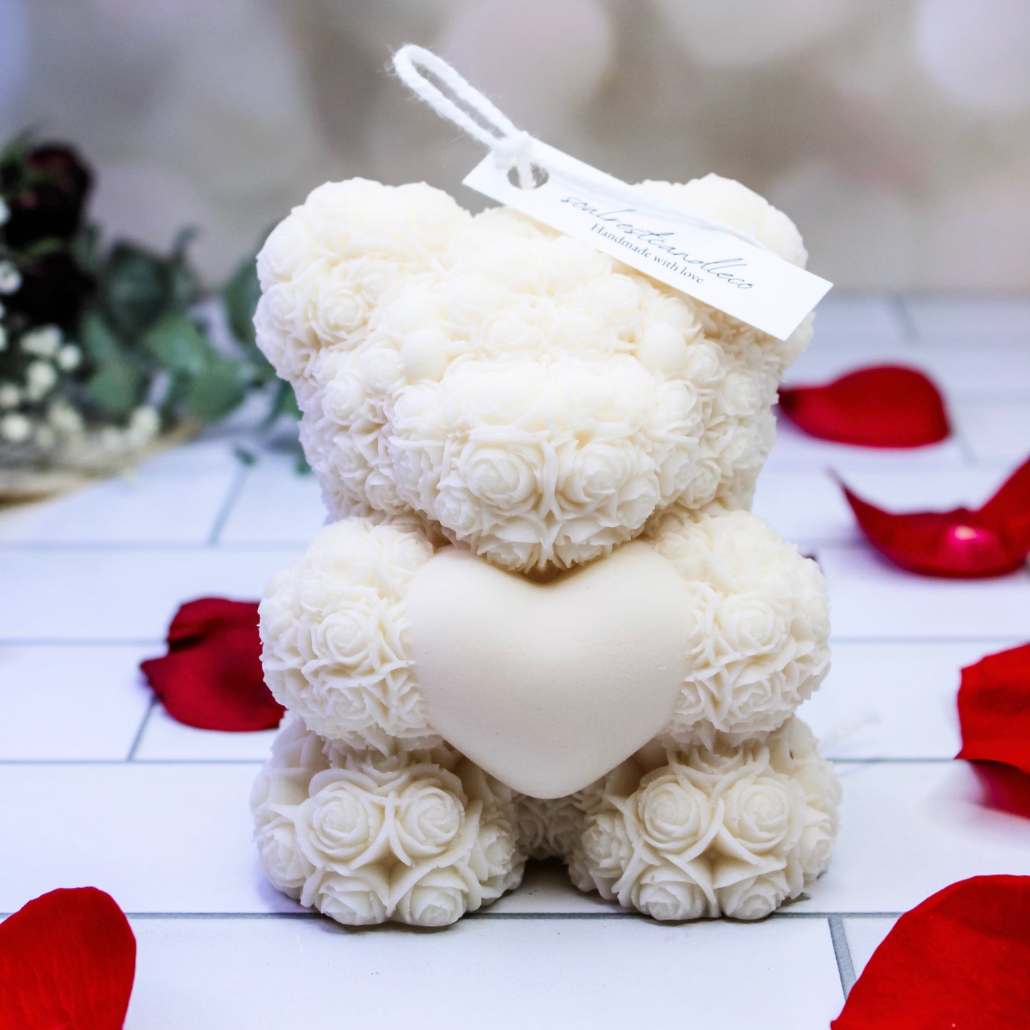 rose bear with heart candle