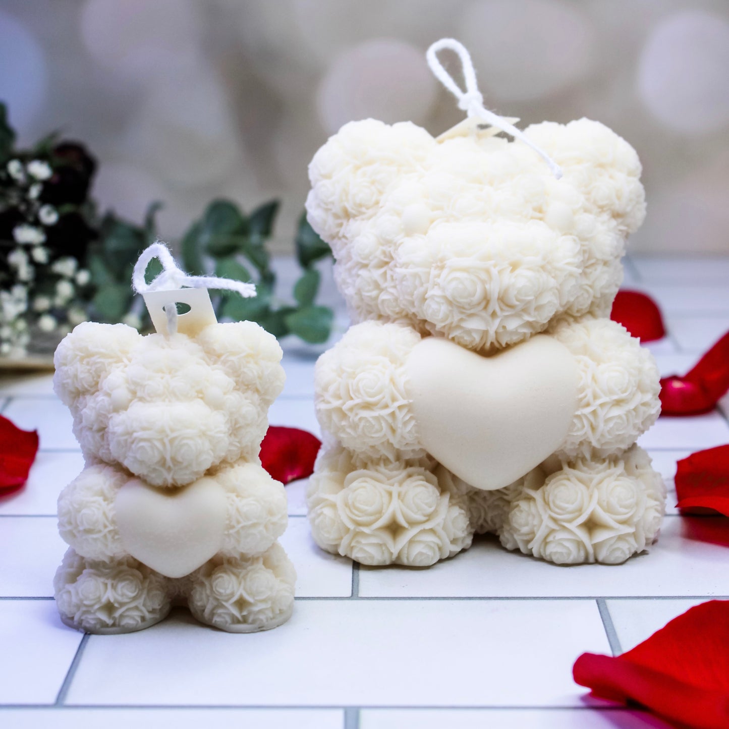 rose bear with heart candle